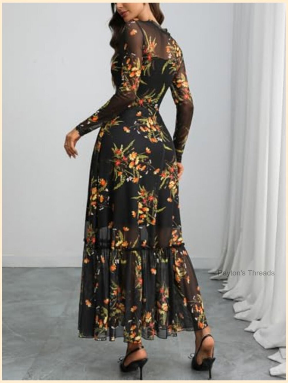Floral Mesh Maxi Dress Long Sleeve A Line Ruffle Hem Wedding Guest - Picture 2 of 7